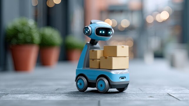 A compact autonomous delivery robot with a stack of cardboard boxes moves along a paved walkway next to potted plants