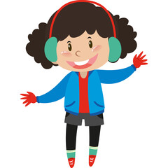 Smiling Young Girl Wearing Blue Winter Jacket Red Shirt Black Shorts and Headphones with Arms Outstretched on Transparent Background