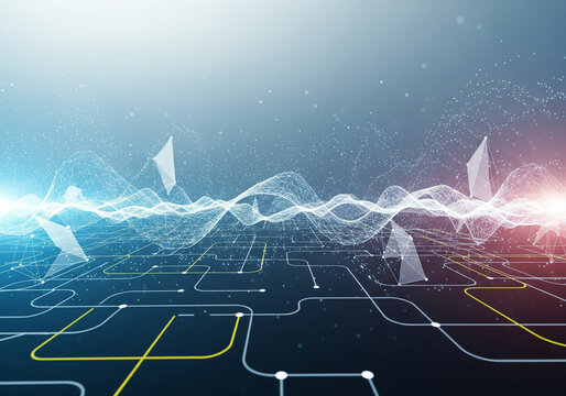Abstract digital wave representing sound or data transmission flowing over a futuristic circuit board pattern
