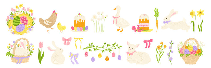 Easter elements set hand drawn illustration. Easter eggs, basket of eggs cakes, rabbit, chicken, goose, lamb and flowers. Easter holiday scene cheerful and festive. Cartoon textured childish vector