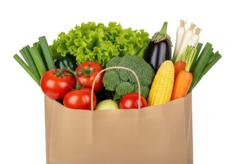 Assorted fresh healthy vegetables neatly packed in a paper bag