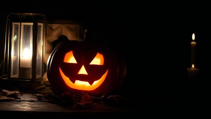 Glowing jack-o'-lantern with spooky face illuminated by warm light on a dark autumn evening white background