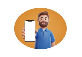 Smiling 3d cartoon man holding smartphone with blank screen app