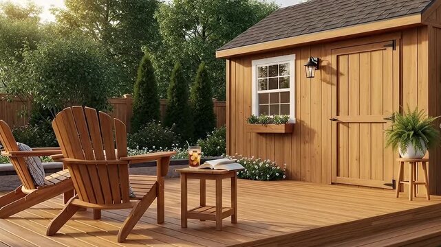 A peaceful backyard scene unfolds with a spacious wooden deck featuring two classic Adirondack chairs, perfectly positioned for relaxation. A small wooden side table sits between them, holding a refre