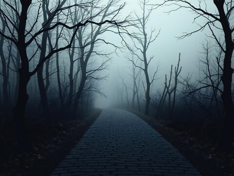 Mysterious eerie foggy forest path with silhouetted bare trees and ominous atmosphere white background