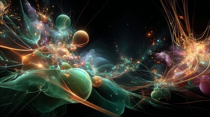 A vibrant, abstract fractal composition featuring glowing orbs in shades of green and orange, intertwined with luminous energy tendrils and sparkling particles