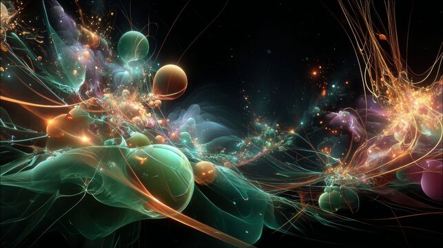 A vibrant, abstract fractal composition featuring glowing orbs in shades of green and orange, intertwined with luminous energy tendrils and sparkling particles