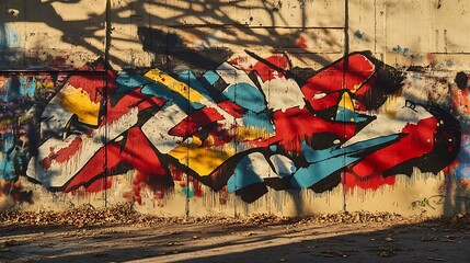 Vibrant abstract graffiti art on a textured urban wall, bathed in sunlight with intriguing shadows, reflecting urban culture and artistic expression