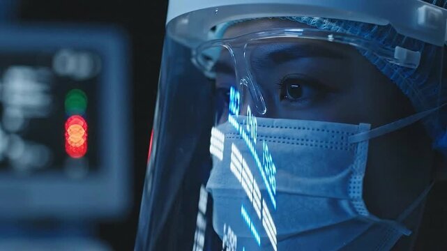 Close up profile of healthcare professional wearing protective gear and mask with futuristic digital interface overlay in dimly lit laboratory setting during medical - Powered by Adobe