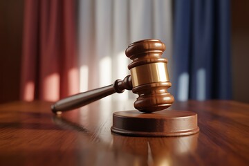 Wooden gavel resting on a polished table with justice and legal system themes, a symbol of order in the court, and courtroom drama unfolding
