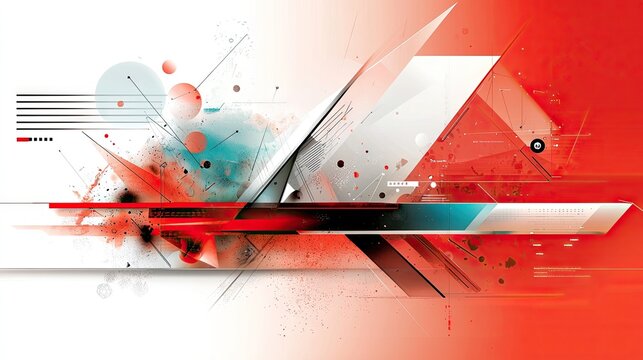 An abstract digital artwork featuring sharp geometric shapes, lines, and splatters in shades of red, white, and teal, suggesting a futuristic or technological t