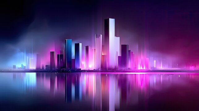 A vibrant, futuristic cityscape at night, with towering skyscrapers illuminated by neon lights in shades of blue, pink, and purple, reflected in the calm water