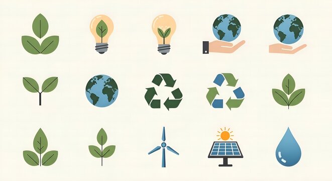 Eco-friendly sustainable energy and nature conservation icons - Powered by Adobe