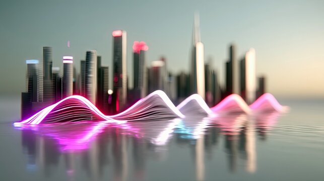 A stylized, futuristic cityscape with towering skyscrapers and glowing neon waves in the foreground, reflected in calm water at dusk.