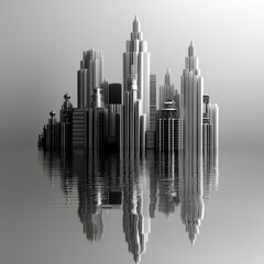 A monochromatic, futuristic cityscape with numerous skyscrapers of varying heights and architectural styles, reflected in rippling water.