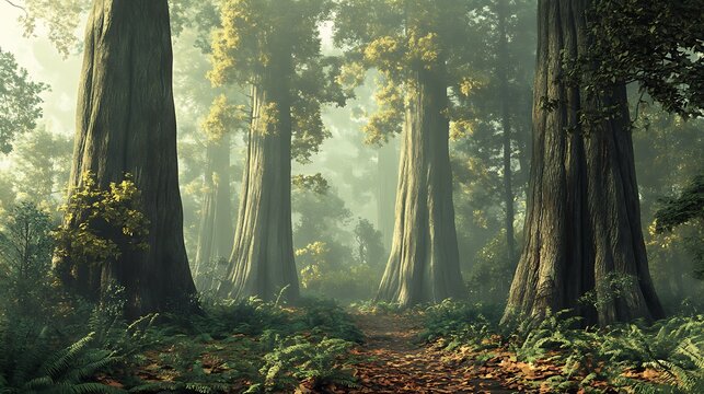 Majestic ancient forest with towering trees, a winding path covered in autumn leaves, and lush ferns, bathed in soft, glowing mist and sunlight