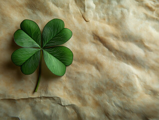 Softly Lit Four-Leaf Clover Placed on a Rustic Parchment Sheet