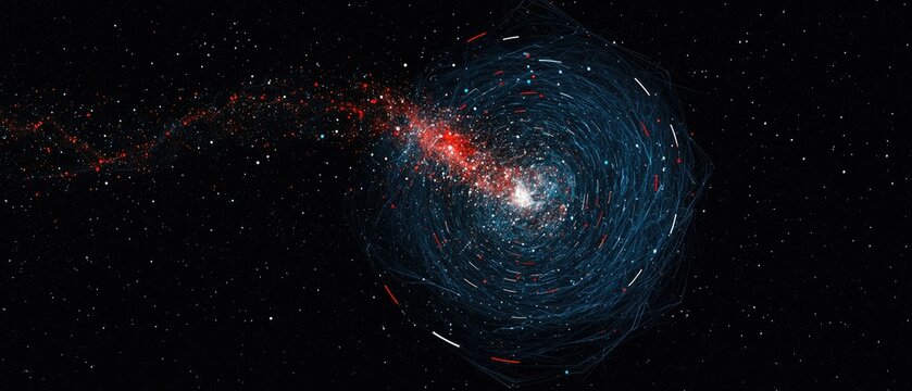 A vibrant, swirling galaxy composed of blue and red light trails and countless stars against a black, star-filled background. A stream of red particles emanates - Powered by Adobe