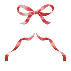 red ribbon bow watercolor clipart. Ideal for creating feminine, kids, baby showers, and aesthetic stationery, card, seasonal decoration, Christmas card and more.