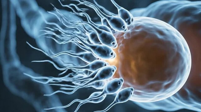 Microscopic view of numerous sperm cells swimming towards a large human ovum in a scientific research laboratory with blue and orange lighting depicting fertilization