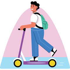 Smiling Young Man Wearing White T Shirt Blue Jeans and Teal Backpack Riding Purple Scooter on Transparent Background in Daylight
