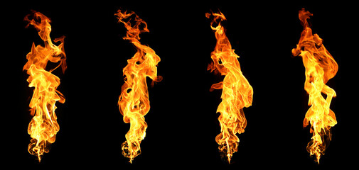 High-resolution vertical fire flames isolated on black background, featuring four intense dynamic shapes with vivid orange glow, ideal for energy themes, power visuals, VFX design, advertising, © ภัทรชัย รัตนชัยวงค์
