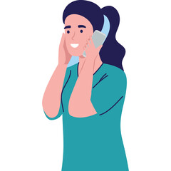 Smiling Young Woman With Dark Hair In Teal Top Talking On A Light Grey Smartphone With Hands Near Her Face and Transparent Background