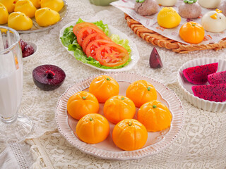 Fresh Fruits Vegetables and Traditional Desserts Spread on Lace Tablecloth with Natural Sunshine Lighting
