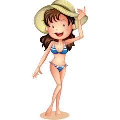 Smiling Young Woman Wearing A Blue And White Striped Bikini And A Straw Sun Hat Waving Hello On A Beach