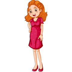 Smiling Young Woman With Reddish Hair Wearing A Pink Polka Dot Dress And Red Shoes Standing With Hands On Hips