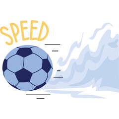 Soccer ball with the word speed in yellow text moving rapidly with a blue and white stylized motion blur effect on a transparent background