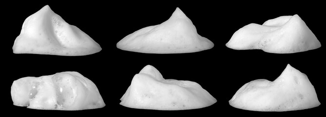 High-resolution white soap foam set on black background, featuring six organic shapes with soft texture and bubbles, ideal for cleaning themes, hygiene design, cosmetic advertising and professional