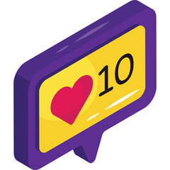 Social Media Notification Icon with Red Heart and Number Ten Displayed on Yellow Background with Purple Border and Transparent Background