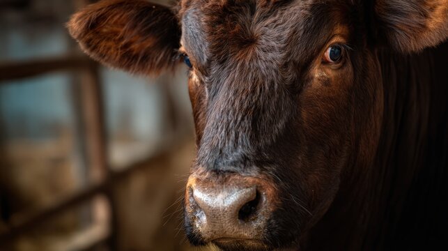 A cow with a blue eye stares at the camera - Powered by Adobe