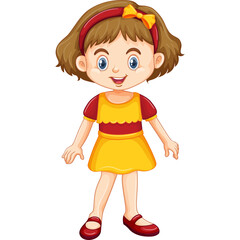 Smiling Young Girl with Brown Bob Hair and Blue Eyes Wearing a Yellow and Red Dress and Red Shoes on a Transparent Background