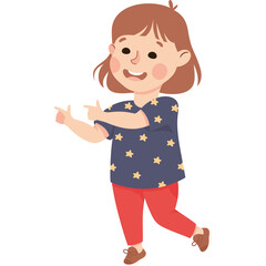 Smiling Young Girl With Brown Hair Wearing A Dark Blue Star Patterned Shirt And Red Pants Pointing Her Fingers Forward With A White Background