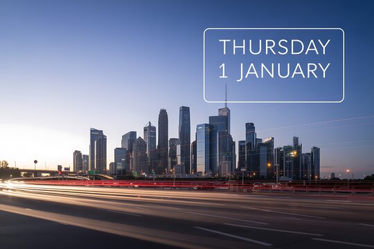 New Year's Day city skyline glows with vibrant light trails, modern skyline shines beneath January 1st Thursday text overlay, celebrating a fresh start