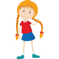 Smiling Young Girl With Pigtails Wearing Red Shirt Blue Skirt And Bows Isolated On White Background