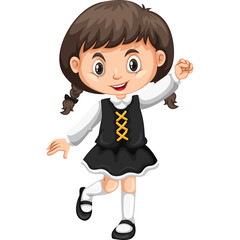 Smiling Young Girl With Pigtails Wearing Black Dress and White Blouse Full Body Cartoon Illustration
