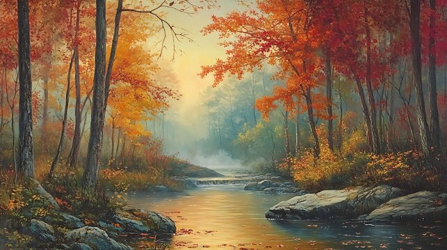 Vibrant oil painting of an autumn forest, showcasing colorful trees, a winding river, and a peaceful ambiance. Ideal for nature, seasons, or fine art themes