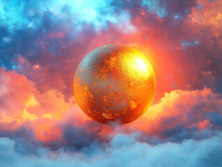 A Magical Floating Golden Orb Illuminating a Fantasy Sky