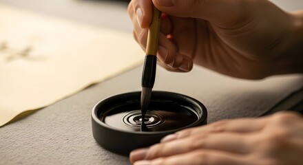 Person's hands carefully dipping a traditional calligraphy brush into a black inkwell, preparing to write or paint.