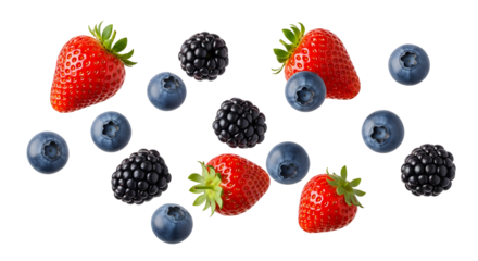 Fresh strawberries and blueberries arranged together on a clean white background