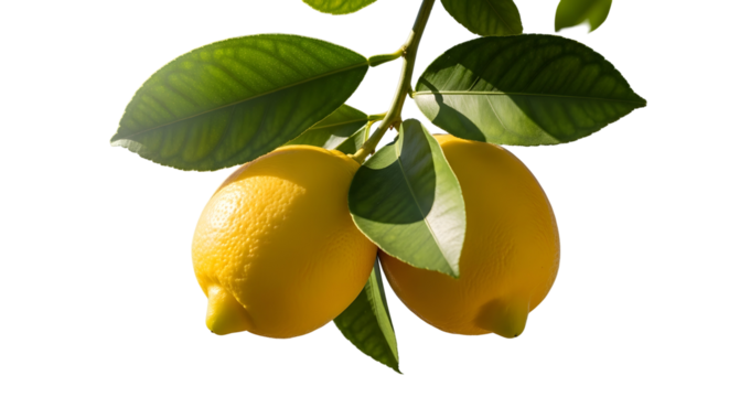 Fresh yellow lemons hanging on a leafy branch