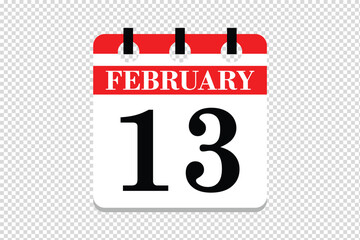 13 February Calendar icon vector, 13 dates of February month calendar icon, dates of February 13 icon calendar, vector calendar icon.