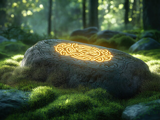 A Celtic Rune Stone with Glowing Details on a Mossy Bed