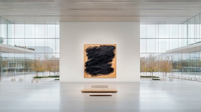 A large, abstract painting with bold black brushstrokes on a textured, light brown canvas hangs centrally on a white wall within a spacious, modern art gallery.