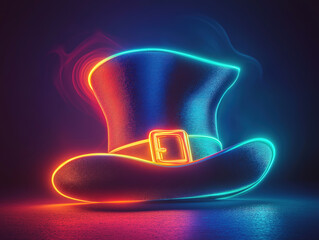 Glowing Neon Outline of a Leprechaun Hat on a Shadowy Backdrop
