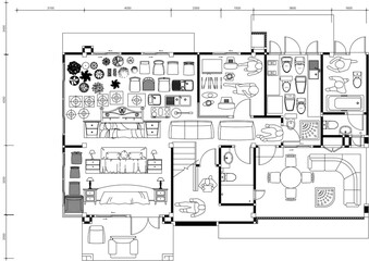 Architectural Drawing of Ground Floor Structural Frame with Interior Furniture and Decorative Elements for Residential Building Design