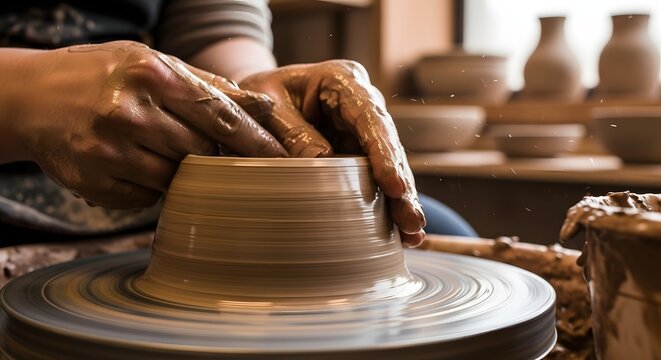 A potter's hands skillfully shaping a piece of wet clay on a spinning pottery wheel.